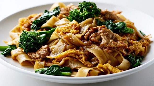 Thai pad see ew, stir-fried wide rice noodles with chicken