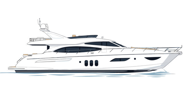 Side view illustration of a sleek modern luxury white yacht cruising on calm blue water against a clear white background.