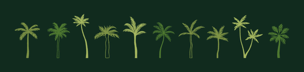 Naklejka premium Doodle set of abstract silhouettes of palm trees. Banana and coconut palmtrees shadows. Tropical plants of rainforest. Exotic flora of jungle. Flat isolated hand drawn vector illustrations