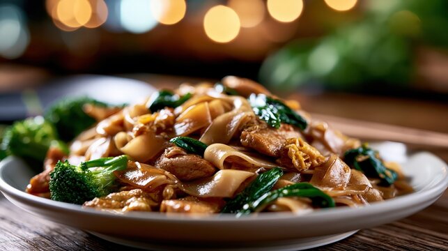 Thai pad see ew, stir-fried wide rice noodles with chicken