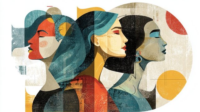 Women's faces in abstract cubist art style representing diversity, femininity, and solidarity