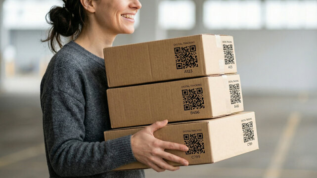 Smiling Woman Carrying Stack of Cardboard Boxes with QR Codes for Digital Tracking