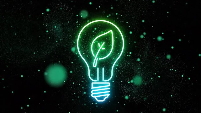Ultra clean glowing neon line light bulb with integrated leaf icon, floating in deep black void, soft green and cyan neon glow, subtle pulsating light animation, smooth particle dust drifting around