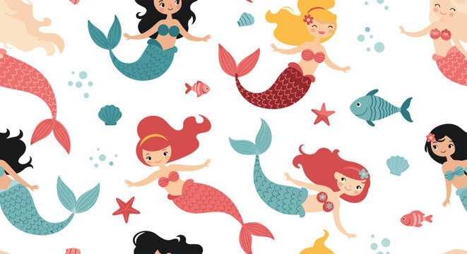 Whimsical seamless pattern showcases adorable cartoon mermaids with colorful hair swimming among fish and shells.
