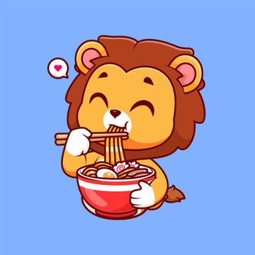 Cute Lion Eating Ramen Noodle Cartoon