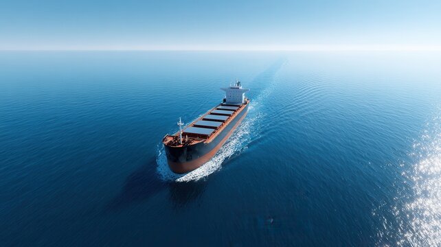 Cargo ship sailing on open ocean at sunrise, international maritime global shipping, logistics trade