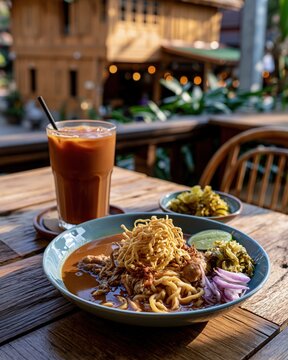 Thai khao soi, northern Thai curry noodle soup, thai food on the table