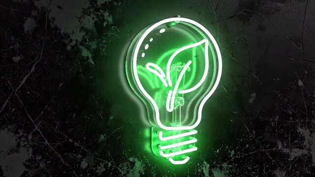 Side angle perspective neon light bulb with leaf icon, flickering glow effect like real neon signage, slight camera pan from left to right, dark grunge black background