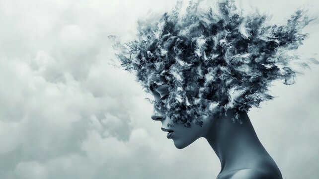 Woman's head exploding with fiery particles representing strong ideas, stress, mind power, or energy creativity