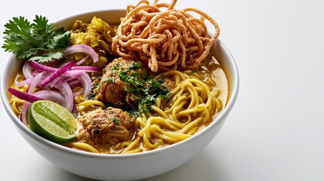 Thai khao soi, northern Thai curry noodle soup, thai food on the table