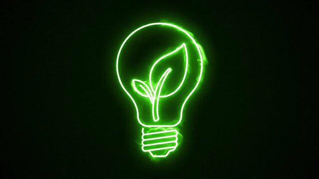 Neon line light bulb with leaf morphing animation, starting as energy particles forming into a glowing icon, dynamic build-up effect, camera zoom-in with slight shake for impact, deep black background