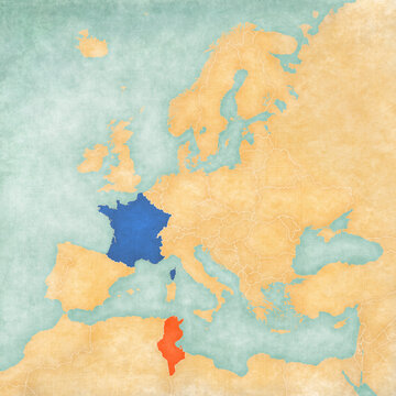 Map of Europe - France and Tunisia