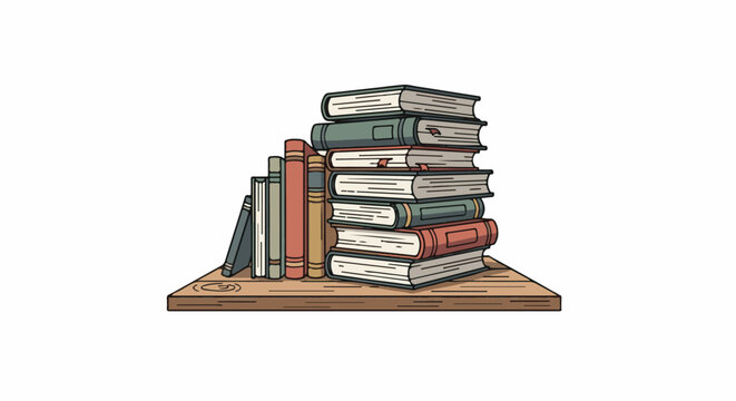 Stacked and leaning books on a wooden shelf