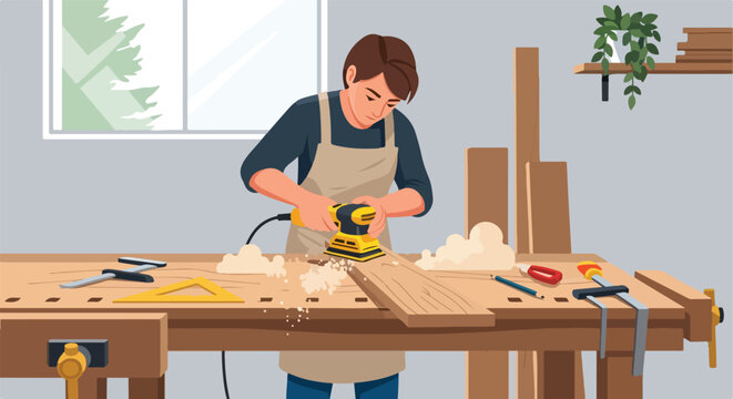 A carpenter in an apron uses an electric sander on a wooden board at a workbench