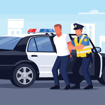 A police officer arrests a man and leads him to the back of a patrol car vehicle