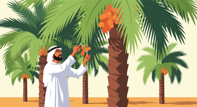 An Arab man in traditional white clothing harvesting fresh dates from palm trees