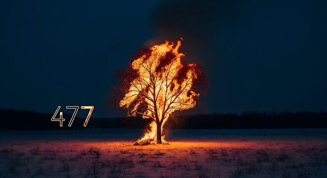 Fiery tree at night a dramatic scene of intense flames engulfing a lone tree under a dark sky