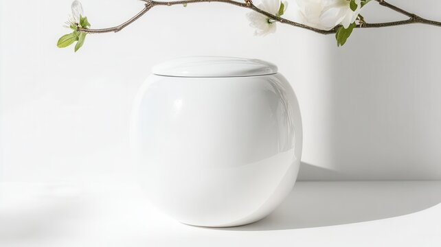 White round urn for ashes resting on a shelf with delicate cherry blossoms, representing memory and remembrance