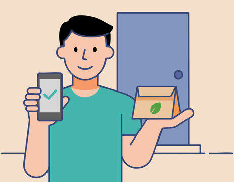 single flat vector icon of food delivery app usage, person receiving delivered meal