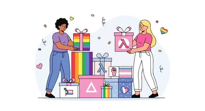 Two women stacking colorful gift boxes with diverse pride symbols and emblems