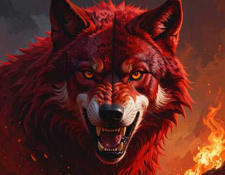 Fiery Red Wolf Roaring in a Dramatic Burning Landscape