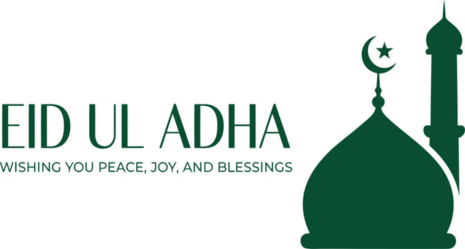 Green mosque dome silhouette with crescent star and minaret for eid holiday greeting banner on transparent background art.