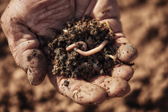 Earthworm soil quality gardener hand close up dirt skin pore crumbly earth natural sunlight texture shadow vegetable patch film grain documentary style
