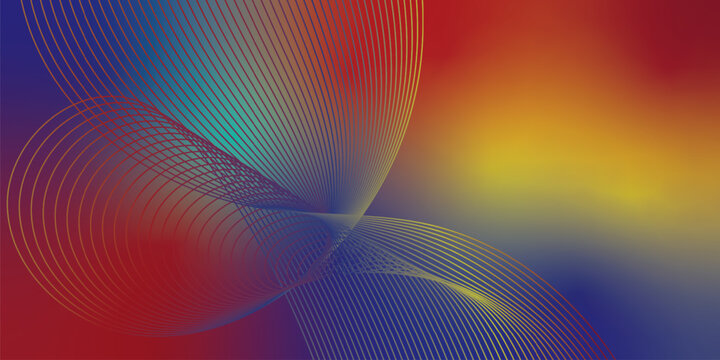 Abstract yellow, red, azure and navy blue wave lines vector background with modern digital technology style and smooth gradient pattern
