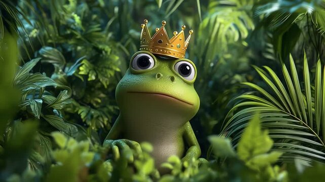 Funny 3D Frog Wearing Golden Crown in Lush Jungle Setting