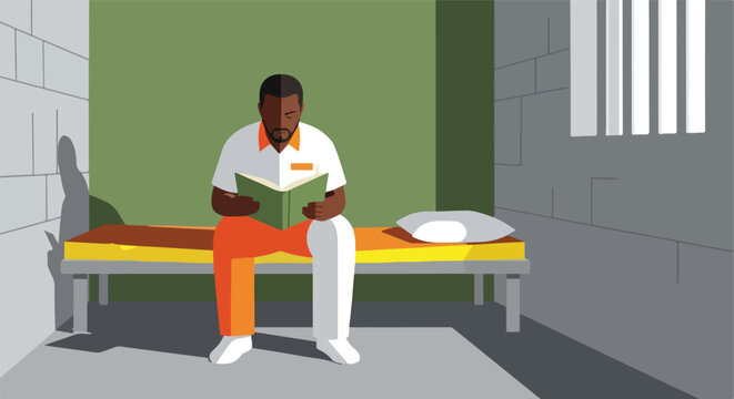 A man in a prison uniform sits on a bed and reads a book in his jail cell