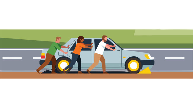 Three diverse people working together to push a broken-down vehicle on a road