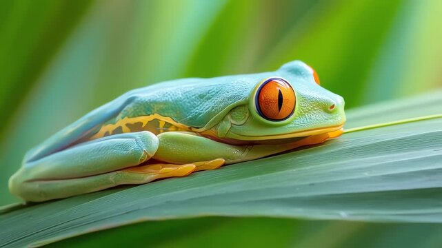 Red-eyed tree frog resting on a green leaf in the tropical jungle