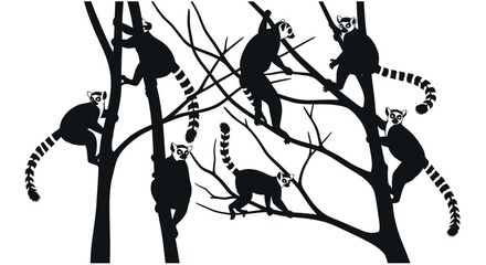 Ring-tailed Lemurs Silhouette Climbing Trees, Wildlife Illustration © Arif