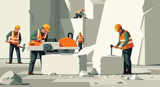 Construction workers in reflective vests cutting stone blocks at a rock quarry