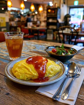 Japanese omelet and rice, omurice with tomato sauce