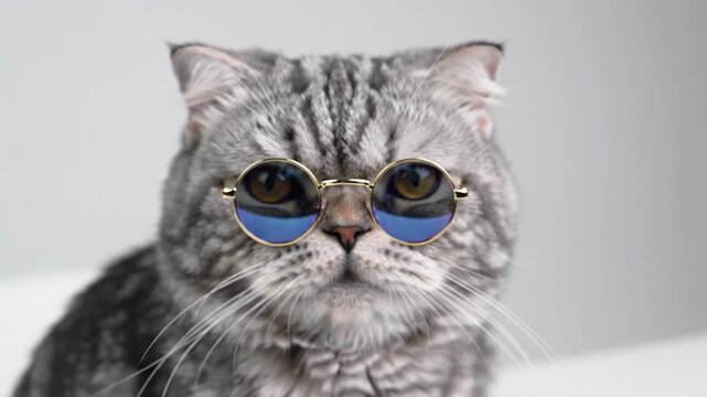 A fluffy grey and white persian cat with golden-rimmed blue sunglasses on a pristine white minimalist desk, gazing confidently into camera, clean studio background, soft bokeh. Quirky professionalism