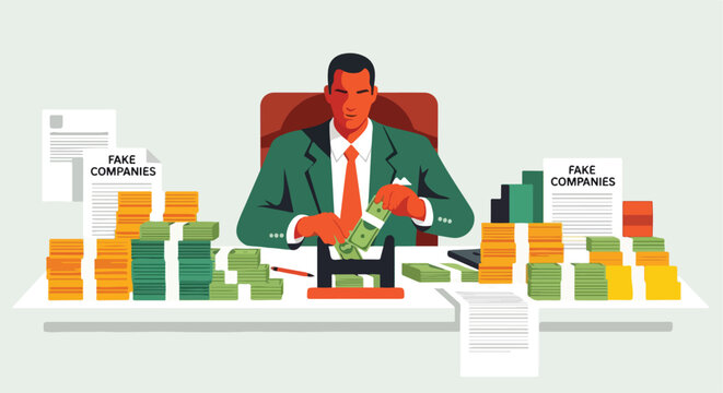 A businessman in a suit organizes stacks of money and fake company documents