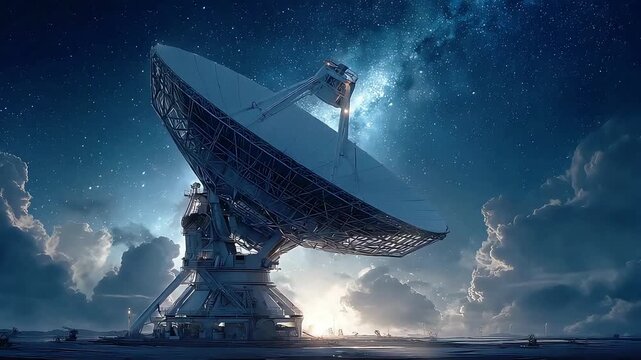 A large radio telescope stands against a starry night sky, evoking wonder and scientific exploration, ideal for tech or space-themed projects.