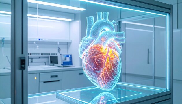 Lab-Grown Organ: A translucent, 3D-printed heart scaffold in a sterile glass chamber, neon UV lighting.