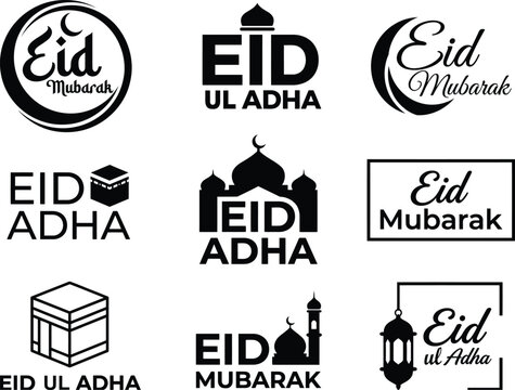 Set of black and white eid mubarak and eid ul adha logo design with various designs and ornaments.