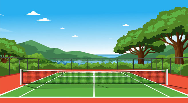 A vector illustration of a tennis court with a net, surrounded by trees and a lake with mountains in the background, perfect for sports and leisure themes