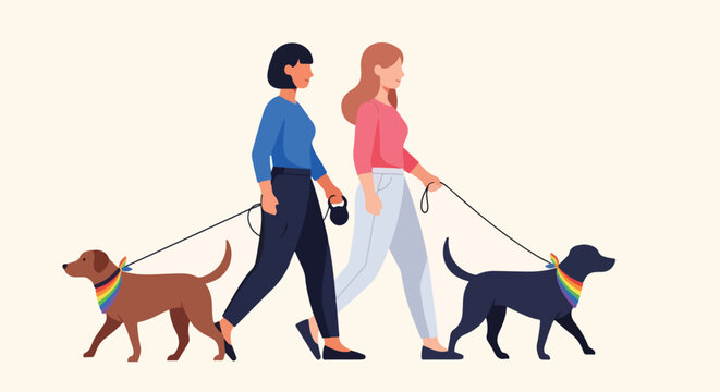 Two women walking their dogs, both wearing colorful pride bandanas on leashes