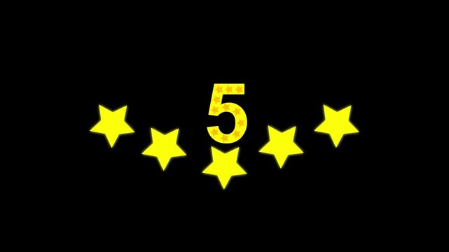 Golden number five with sparkling stars isolated on black background celebration success