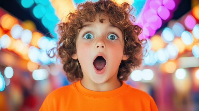 Young boy with wide eyes and open mouth expressing surprise and amazement at background a illuminated colorful