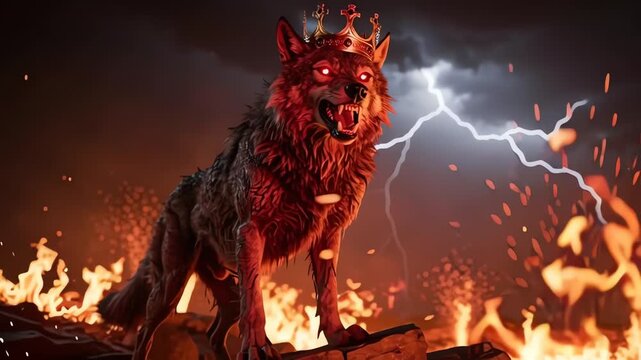 Cinematic Fantasy Wolf King with Red Eyes in Fire and Lightning