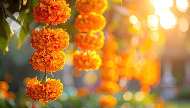 Vibrant orange marigold garlands hang beautifully against a blurred, sun-drenched background.