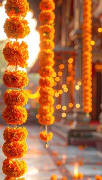 Vibrant orange marigold garlands hang as decorations, creating a warm and festive atmosphere.