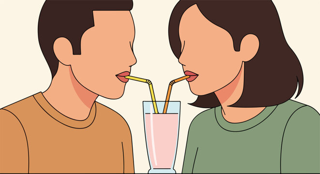 A couple drinking a pink beverage from the same glass using two separate straws
