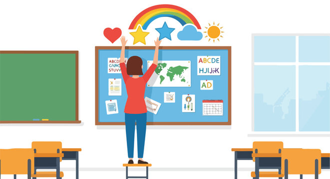 A teacher stands on a stool to decorate a classroom bulletin board with cutouts
