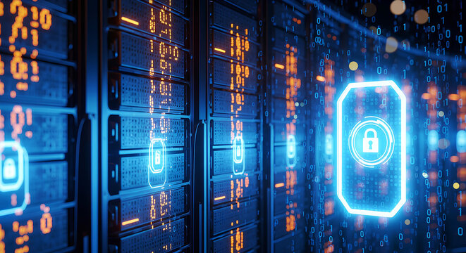 Secure Server Racks with Glowing Padlock Icons in a Data Center